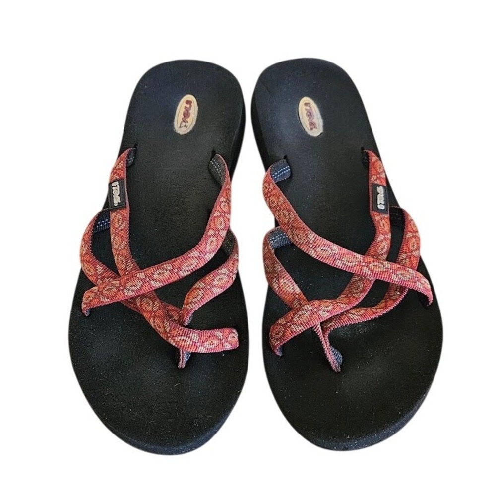 Teva Olowahu Sandals Women Size 8 Orange Black Strappy Slip On Flip Flops